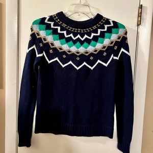 J Crew XS Sweater Navy with Green, Blue, White & Gold